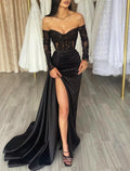 Black Mermaid Dress Evening Gown See Through Dress Formal Masquerade Floor Length Long Sleeve Off Shoulder Fall Wedding Reception with Appliques