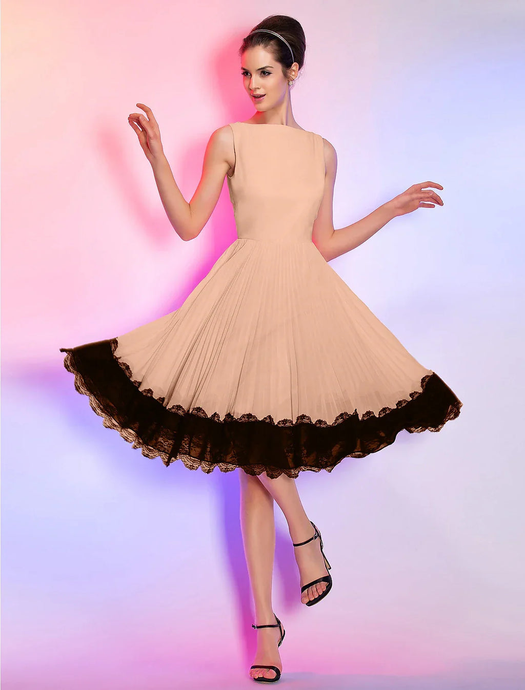 Pink Homecoming Knee Length Sleeveless Boat Neck Dress