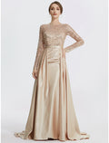 Mermaid / Trumpet Evening Gown Elegant Dress Formal Prom Floor Length Long Sleeve Jewel Neck with Glitter
