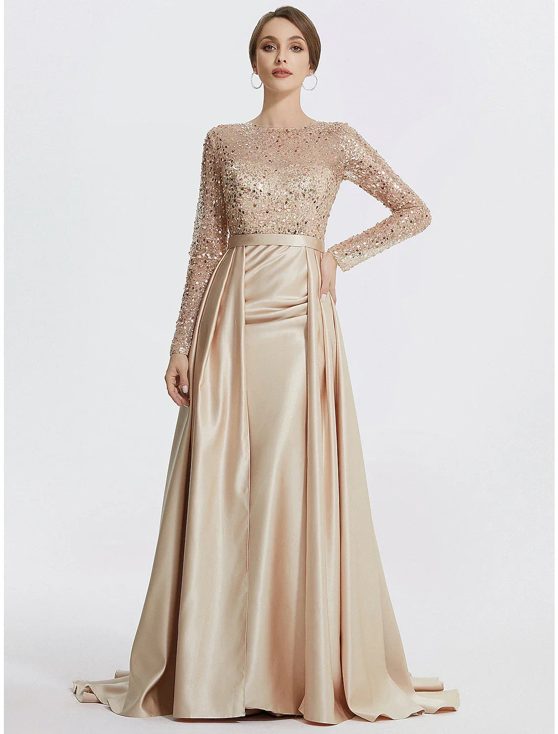 Mermaid / Trumpet Evening Gown Elegant Dress Formal Prom Floor Length Long Sleeve Jewel Neck with Glitter