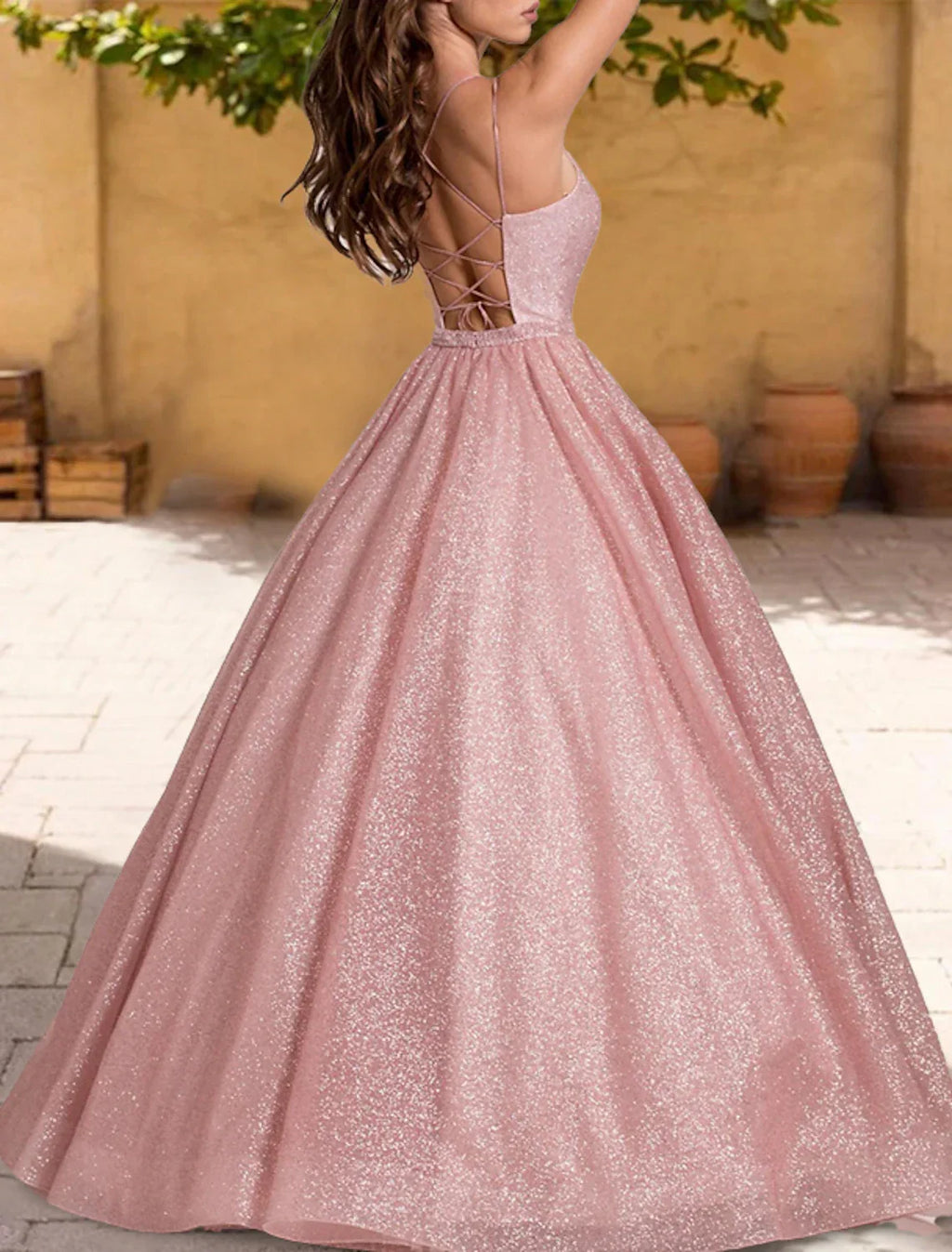 Ball Gown Quinceanera Dresses Sparkle & Shine Dress Sweet 16 Birthday Floor Length Sleeveless Spaghetti Strap with Glitter Criss Cross Pleats