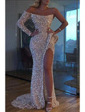 Green Mermaid Dress Evening Gown Christmas Red Dress Formal Wedding Court Train Long Sleeve One Shoulder with Slit