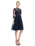 Bridesmaid Dress Bateau Neck 3/4 Length Sleeve See Through Knee Length / with Appliques