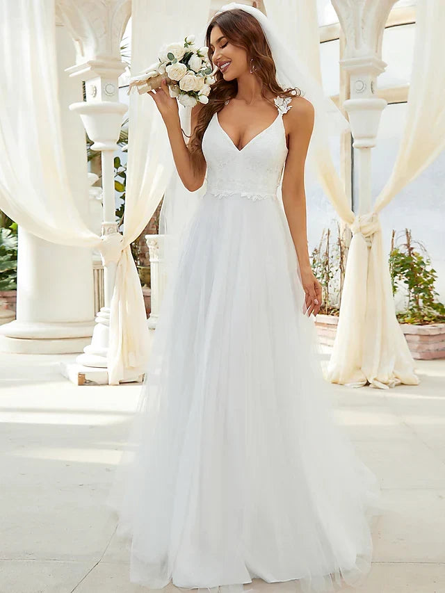 Beach Open Back Casual Wedding Dresses Floor Length A-Line Sleeveless V Neck Crystals Appliques