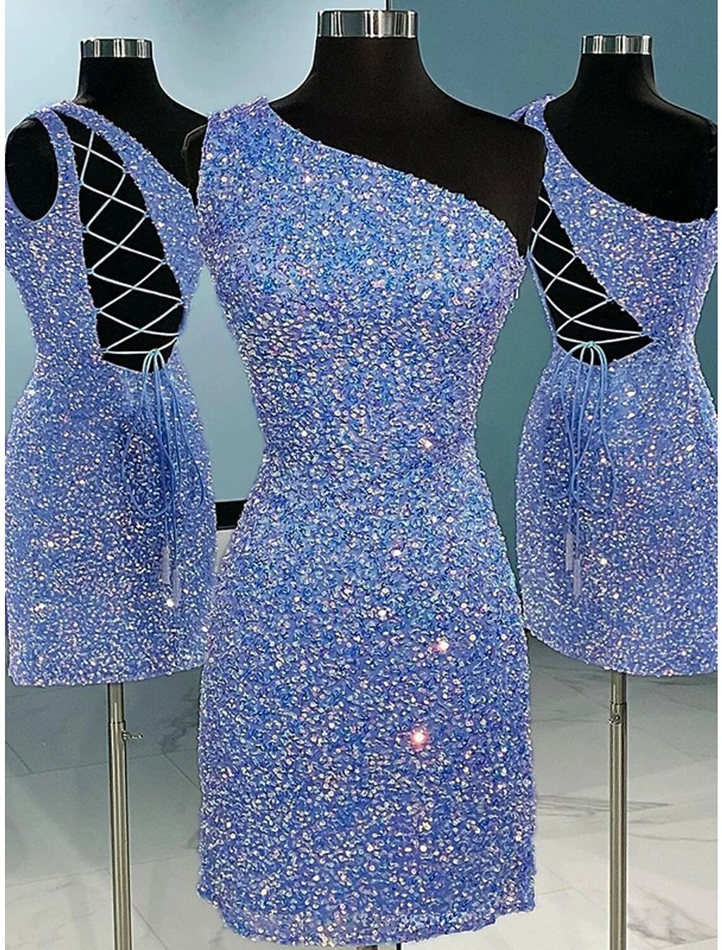 Short / Mini One Shoulder Sheath / Column Homecoming Dresses Sparkle & Shine Dress Holiday Sleeveless with Glitter Strappy