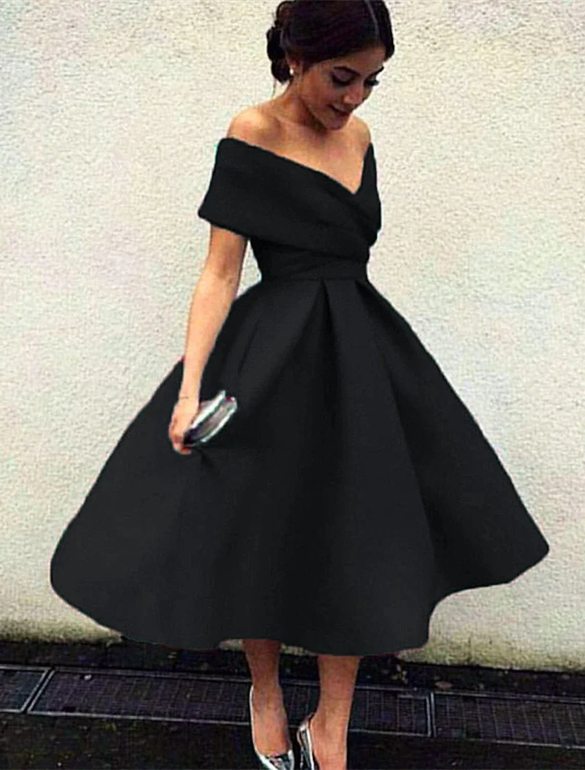 Cocktail Dresses 1950s Dress Homecoming Tea Length Short Sleeve V Neck Fabric V Back with Pleats