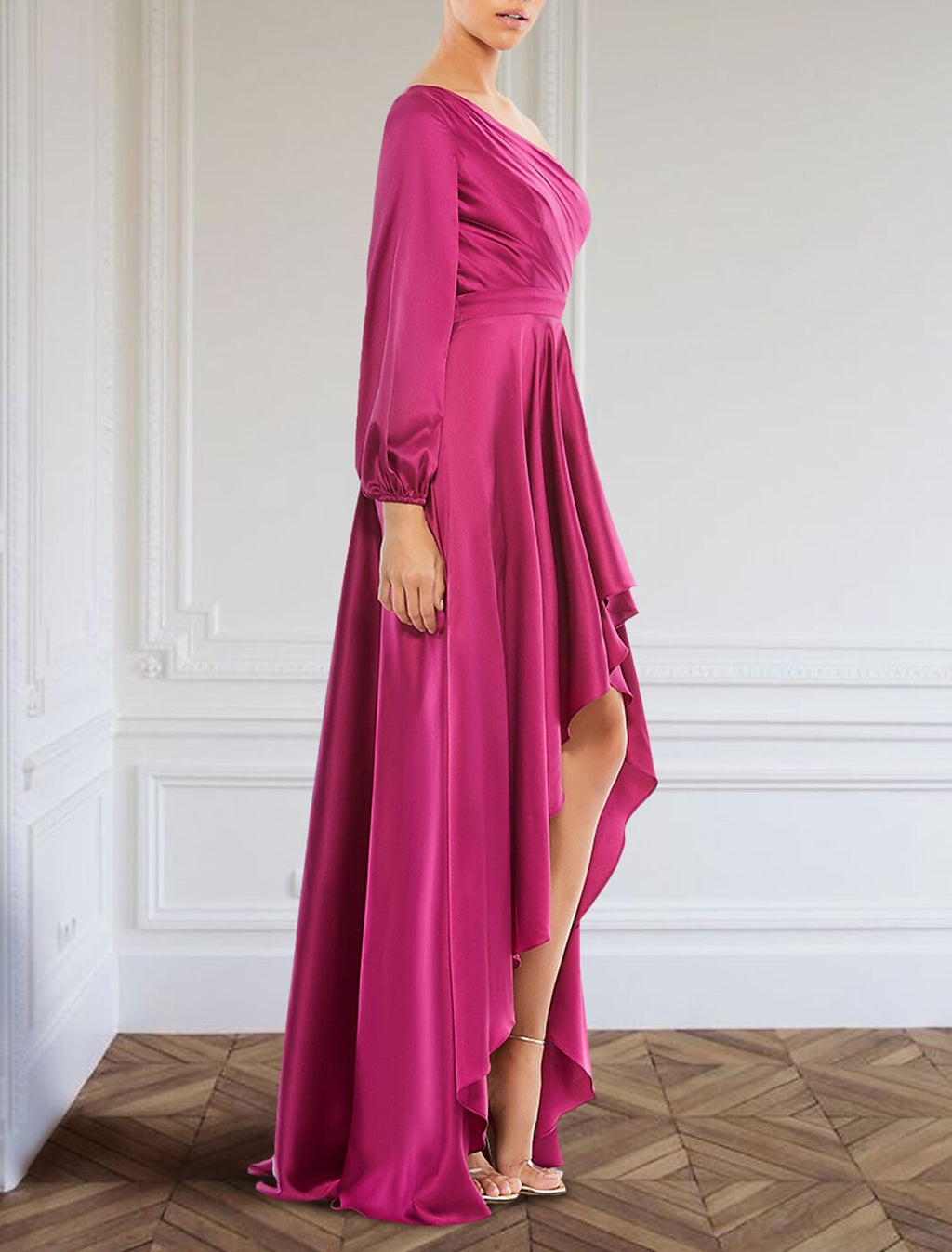Evening Gown Elegant Dress Formal Asymmetrical Long Sleeve One Shoulder Charmeuse with Ruffles