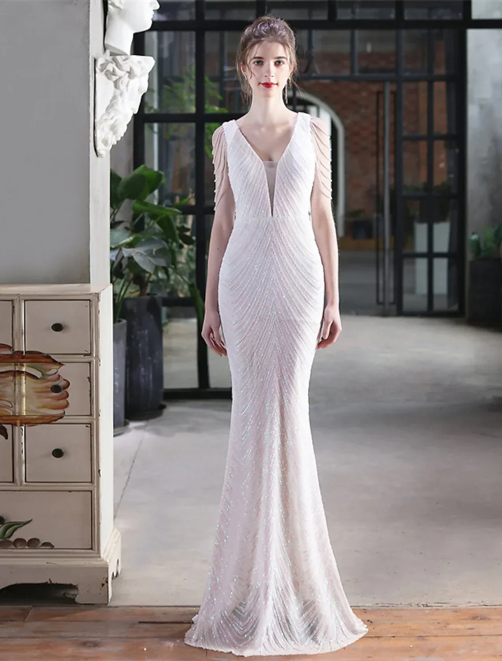 Evening Gown Sexy Dress Formal Floor Length Sleeveless V Neck with Tassel