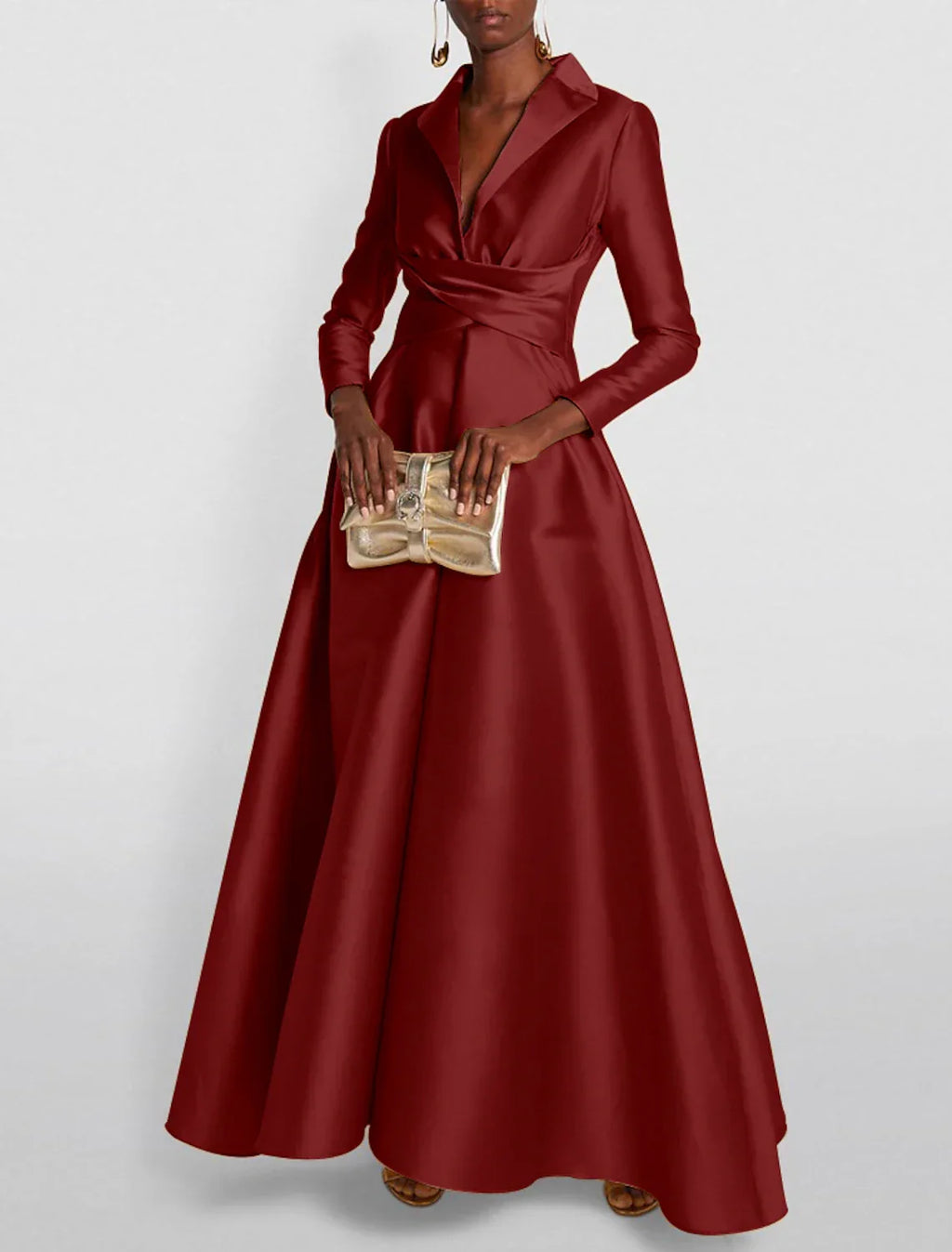 Green Evening Gown Elegant Christmas Red Dress Formal Wedding Guest Floor Length Long Sleeve Shirt Collar with Ruched