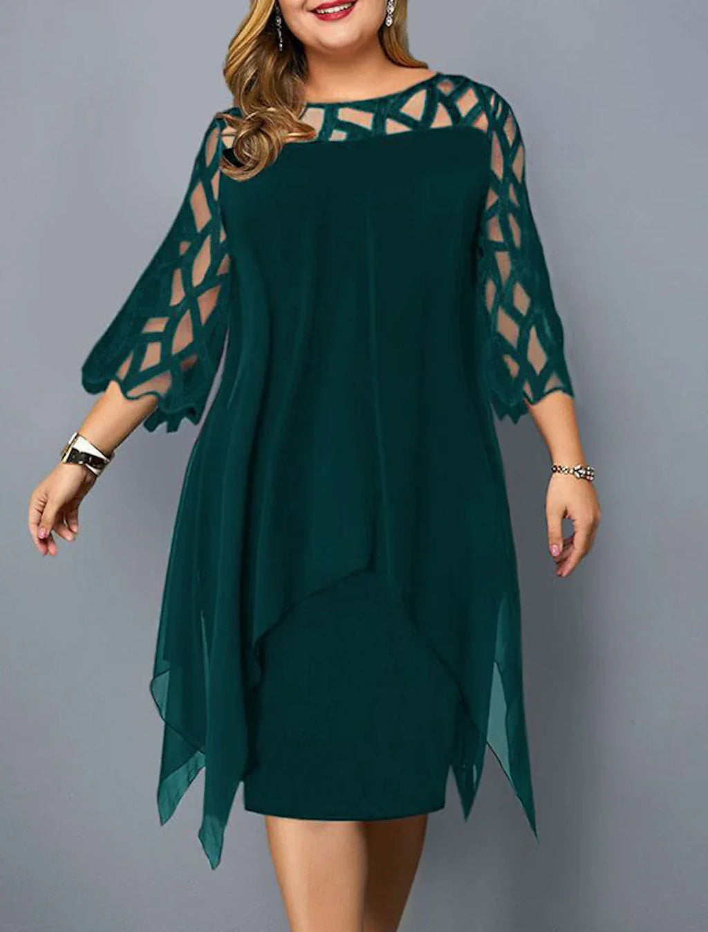 Cocktail Dress Semi-formal Party Dress Midi Jewel Neck 3/4 Length Sleeve Knee Length with Sleek Splicing