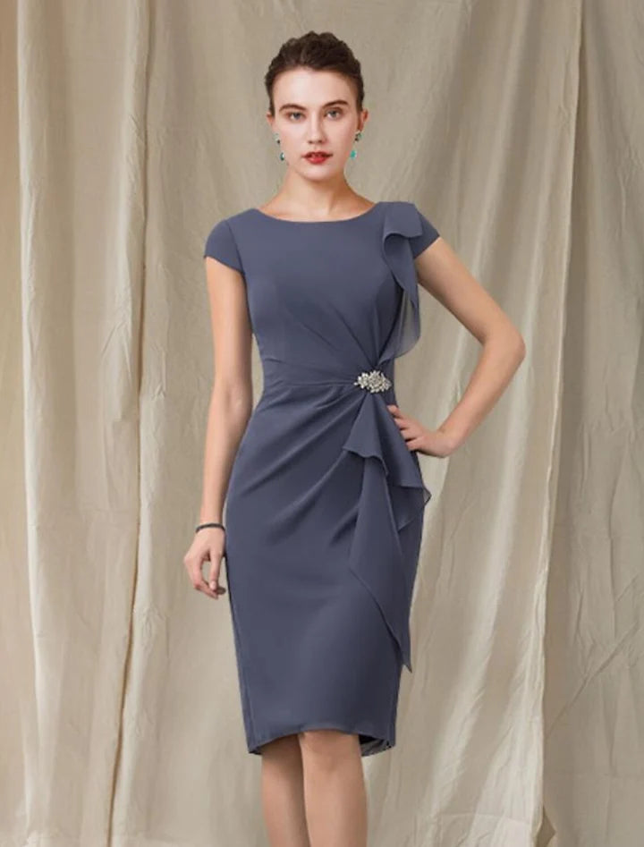 Chic sheath bateau cap sleeve zipback midi mother of the bride dresses