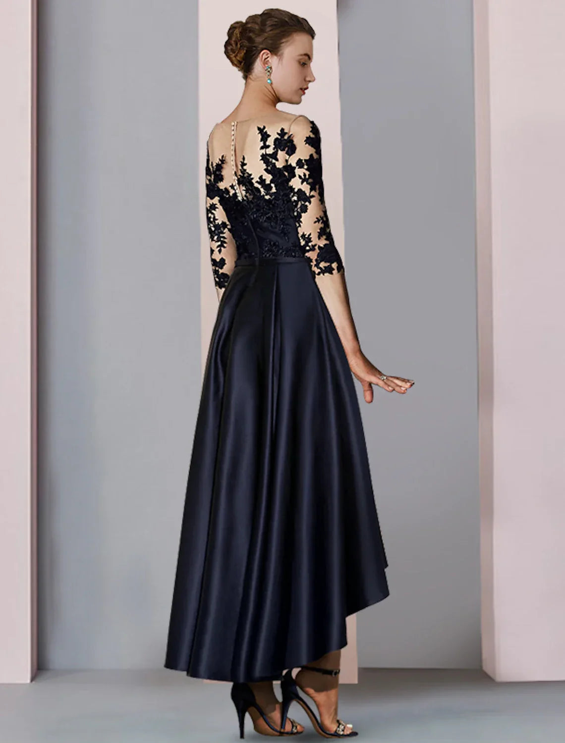 Mother of the Bride Dress Wedding Guest Elegant High Low Scoop Neck Asymmetrical Tea Length 3/4 Length Sleeve with Pleats Appliques