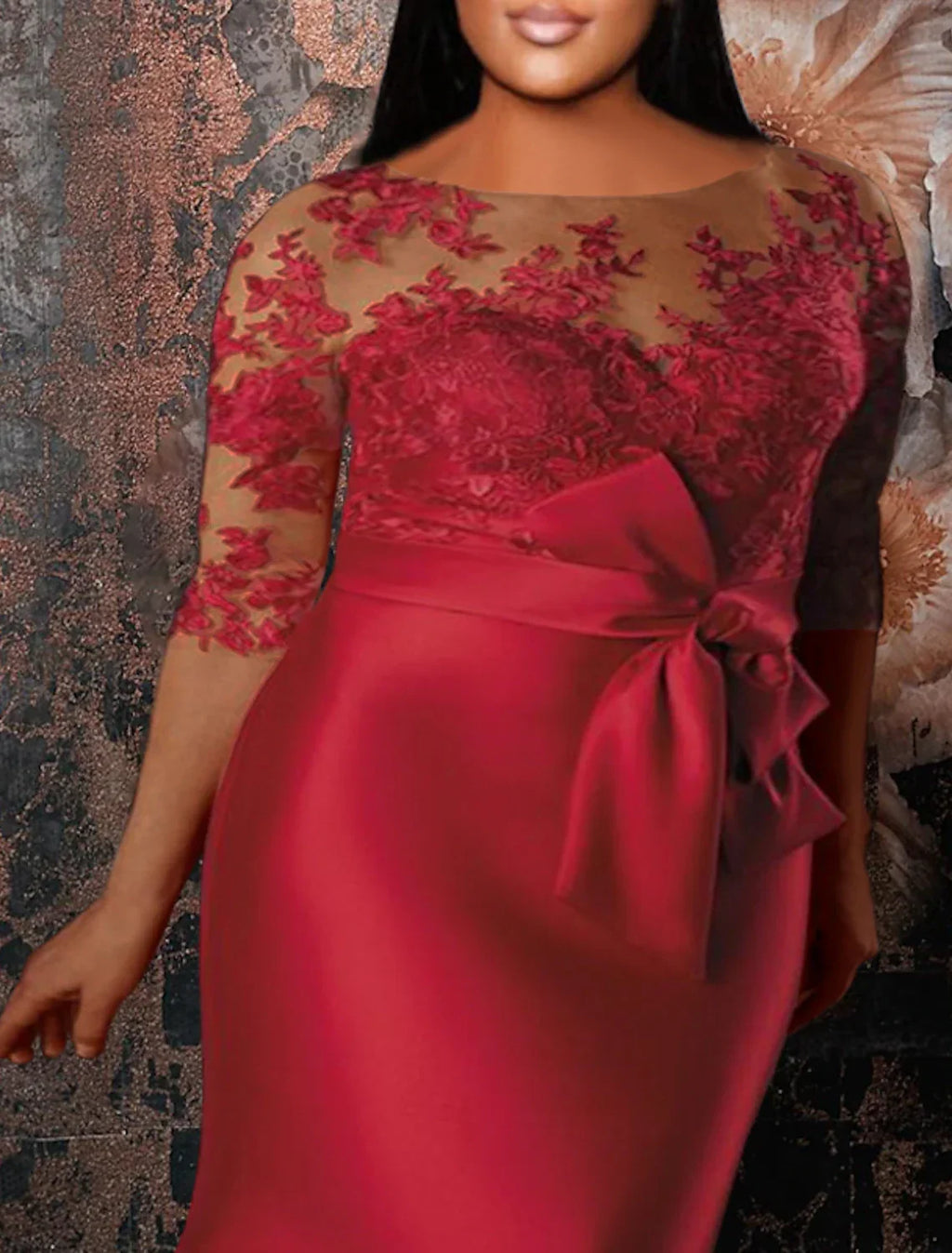 Green Mermaid Red Dress Plus Size Curve Formal Dresses Plus Size Dress Formal Wedding Guest Floor Length Half Sleeve Jewel Neck with Appliques Strappy