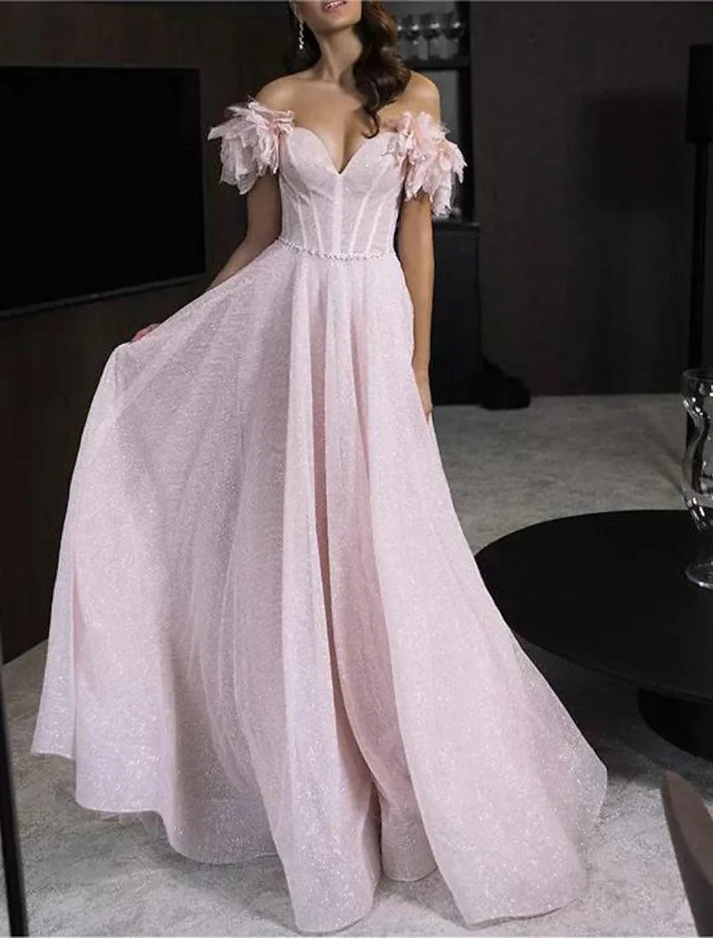Glittering Dress Prom Birthday Floor Length Sleeveless Off Shoulder with Glitter Crystals