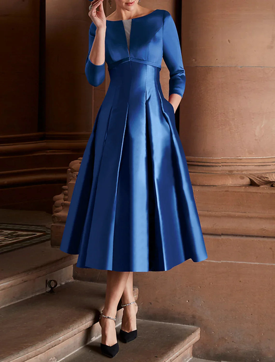 Green Cocktail Dresses Minimalist Dress Christmas Red Dress Wedding Guest Tea Length 3/4 Length Sleeve Jewel Neck Fall Wedding Guest with Pleats