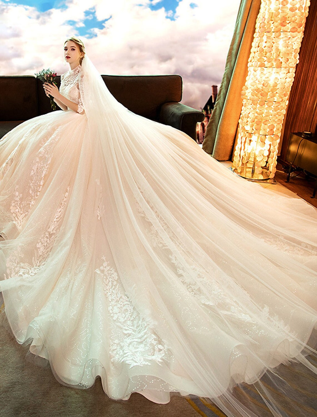 Engagement Open Back Formal Wedding Dresses Princess Long Sleeve High Neck With Appliques