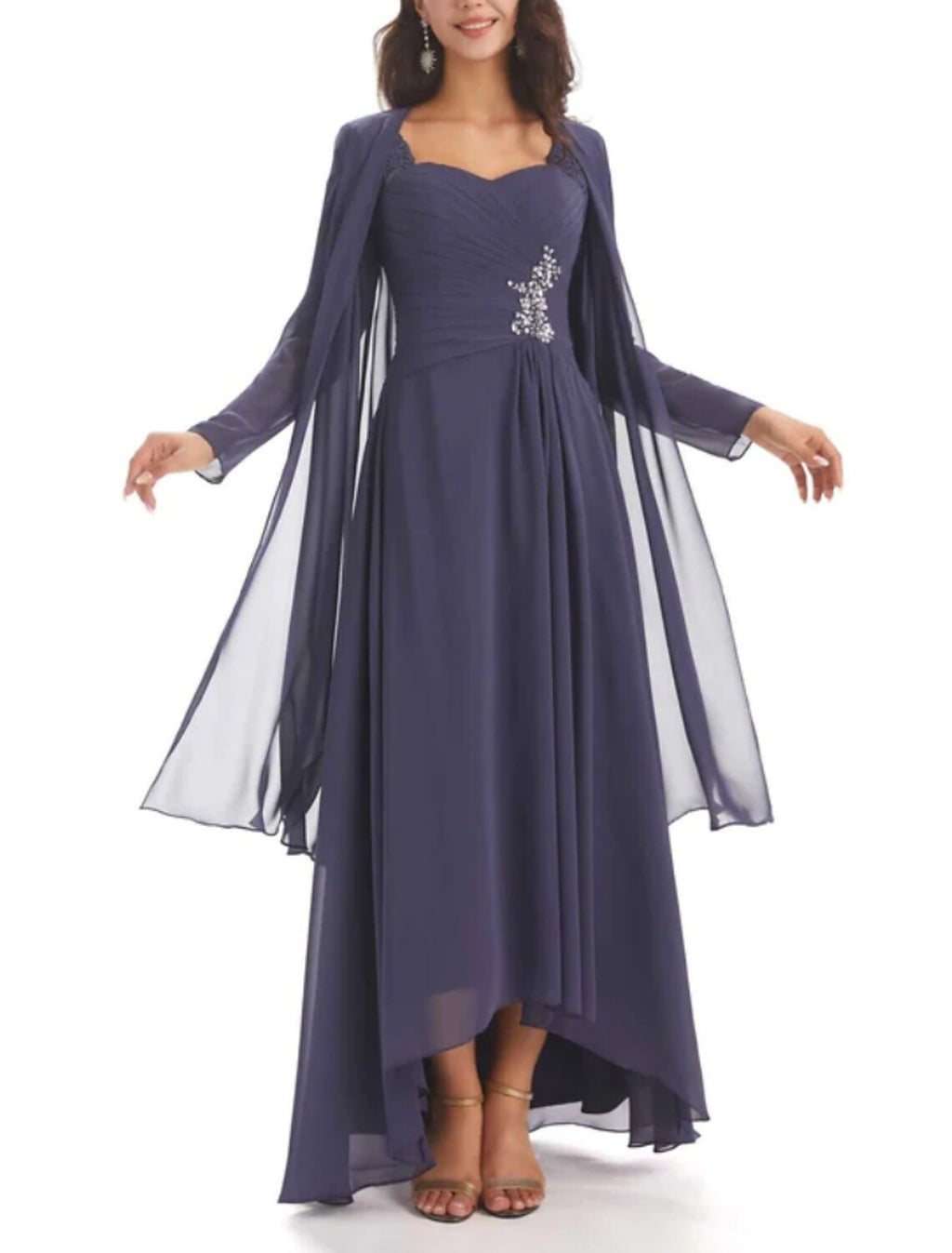 Two Piece A-Line Mother of the Bride Dress Wedding Guest Elegant Sweetheart Asymmetrical Ankle Length Long Sleeve with Crystal Brooch Ruching Solid Color