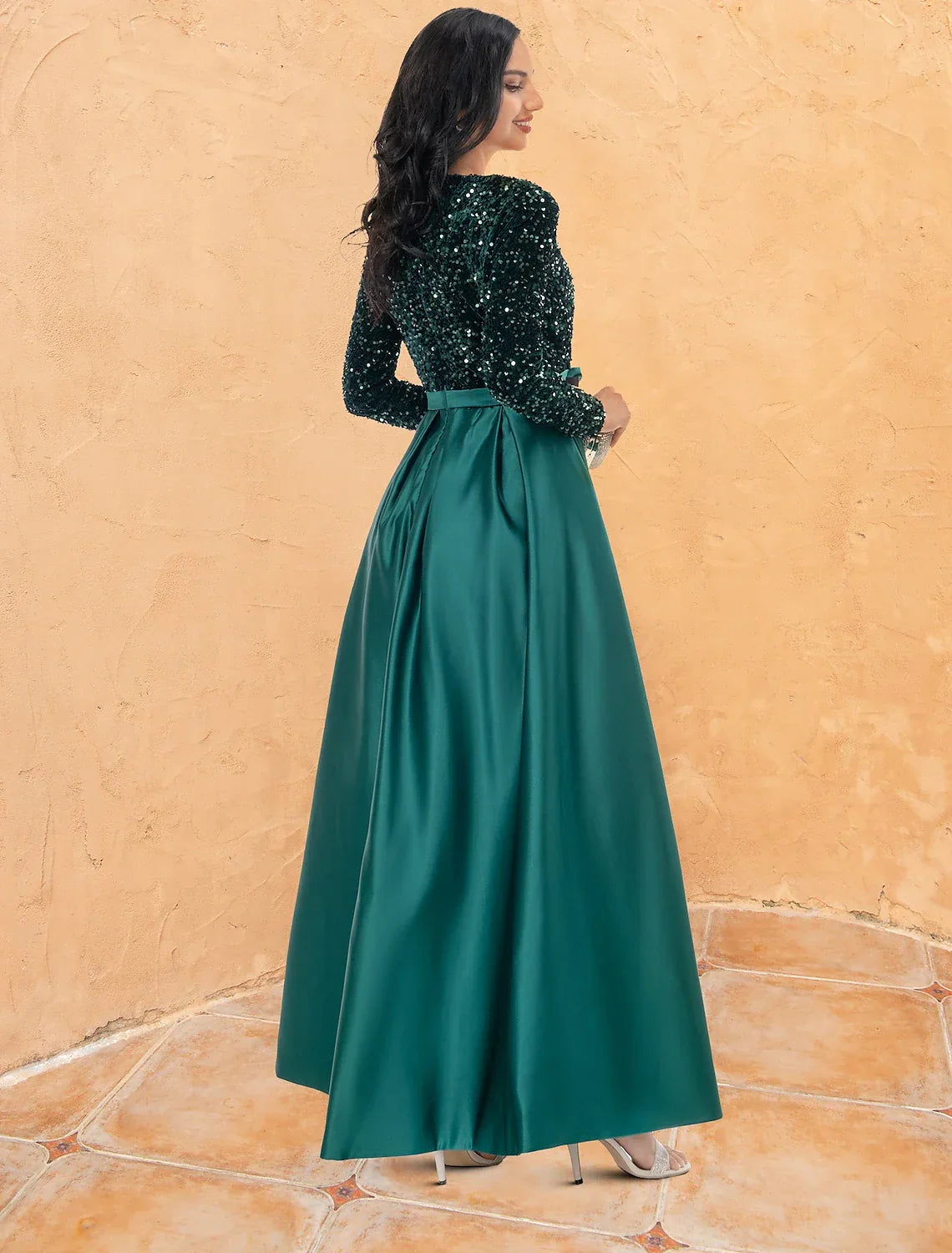 Ball Gown Cocktail Dresses Sparkle & Shine Dress Wedding Party Floor Length Long Sleeve V Neck