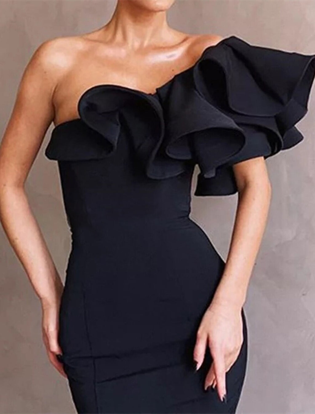 Mermaid / Trumpet Evening Gown Celebrity Style Dress Formal Wedding Guest Floor Length Sleeveless One Shoulder Fabric with Ruffles