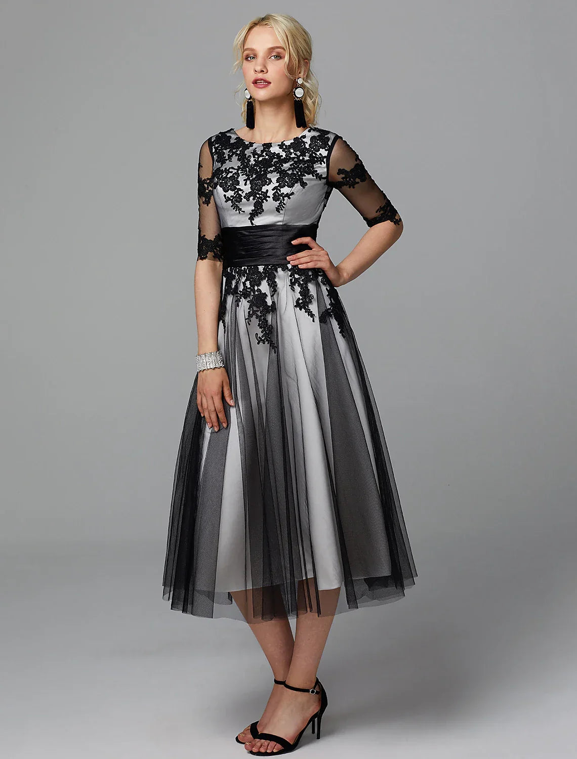 Wedding Guest Tea Length Half Sleeve Jewel Neck Fall Wedding Guest with Sash / Ribbon Appliques