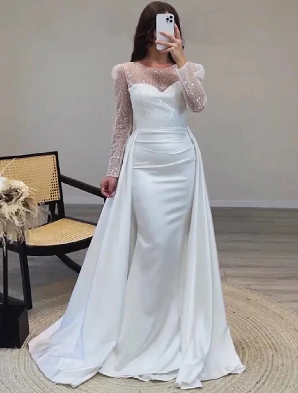 Mermaid Evening Gown Ruched Dress Long Sleeves Floor Length Sparkle Illusion Neck Fall Wedding Guest Dress with Pearls Overskirt