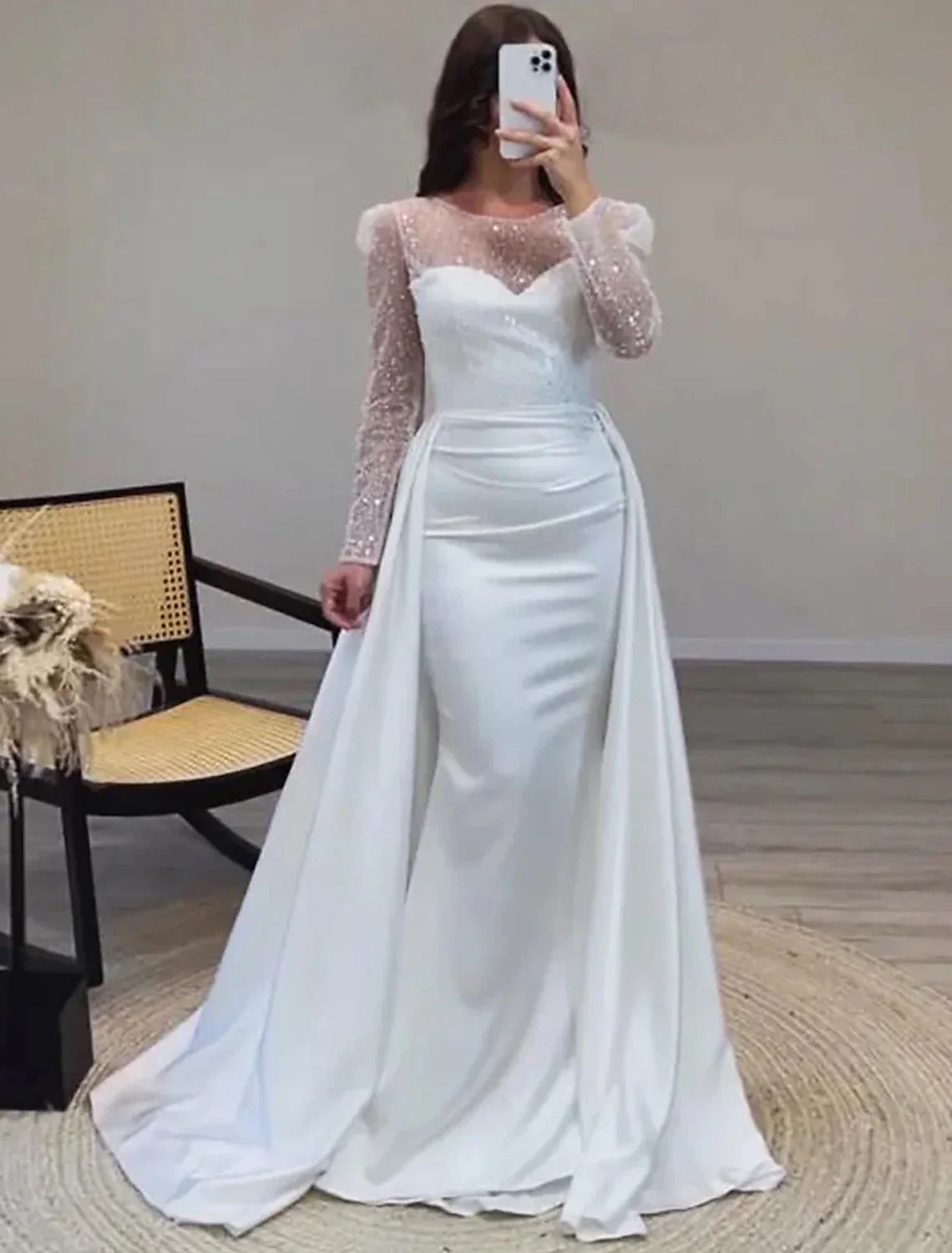 Mermaid Evening Gown Ruched Dress Long Sleeves Floor Length Sparkle Illusion Neck Fall Wedding Guest Dress with Pearls Overskirt