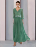 Mother of the Bride Dress Wedding Guest Elegant V Neck Ankle Length 3/4 Length Sleeve with Ruching Solid Color