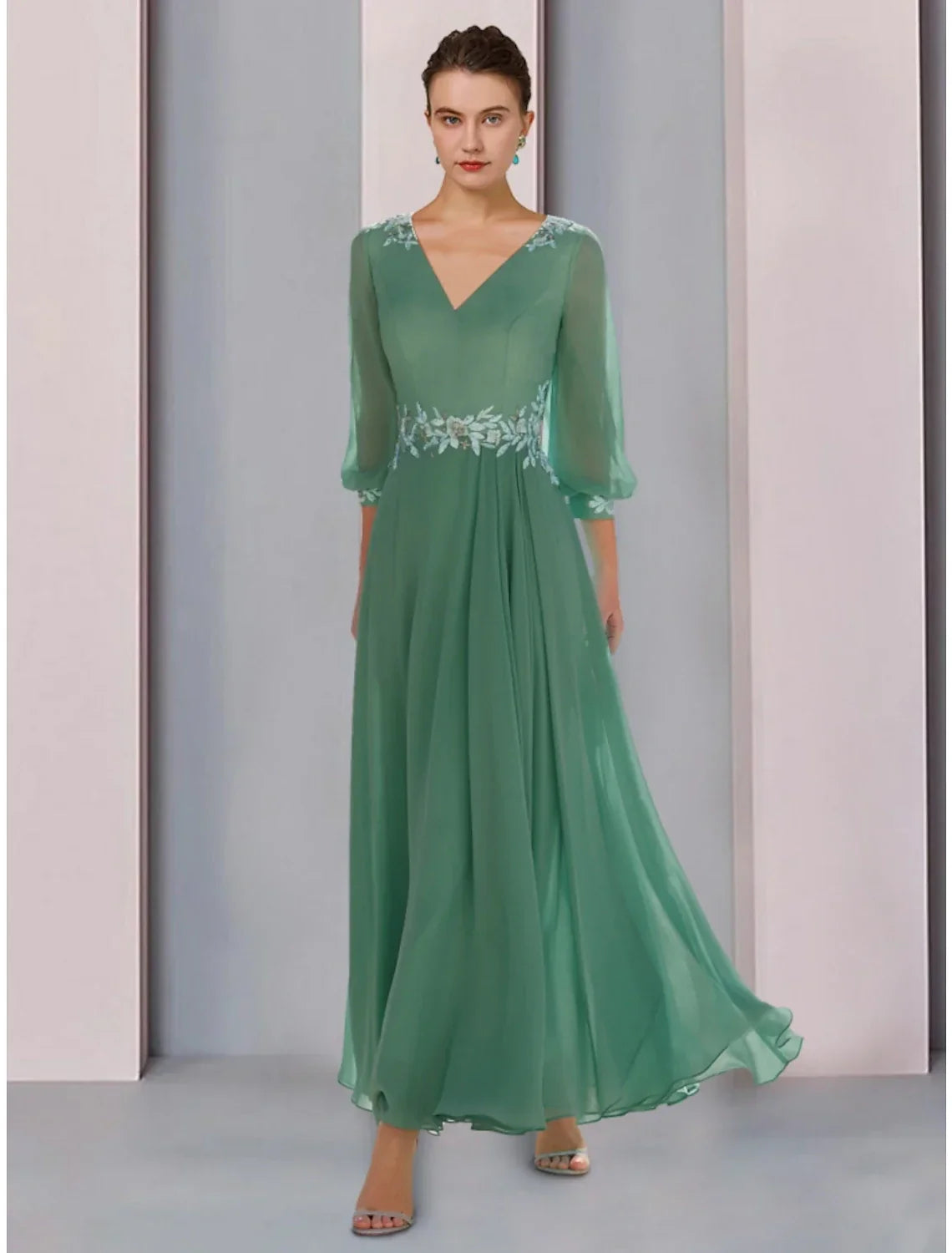 Mother of the Bride Dress Wedding Guest Elegant V Neck Ankle Length 3/4 Length Sleeve with Ruching Solid Color