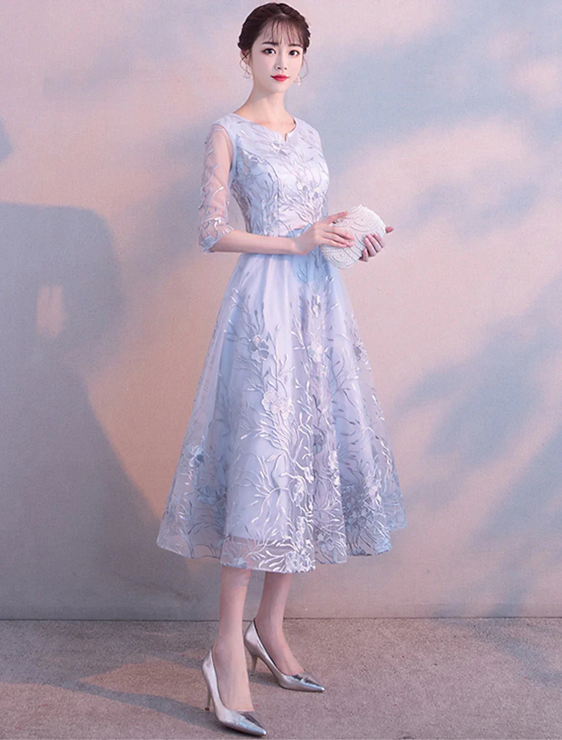 Cocktail Party Prom Dress Jewel Neck 3/4 Length Sleeve Tea Length with Insert Pattern / Print Appliques