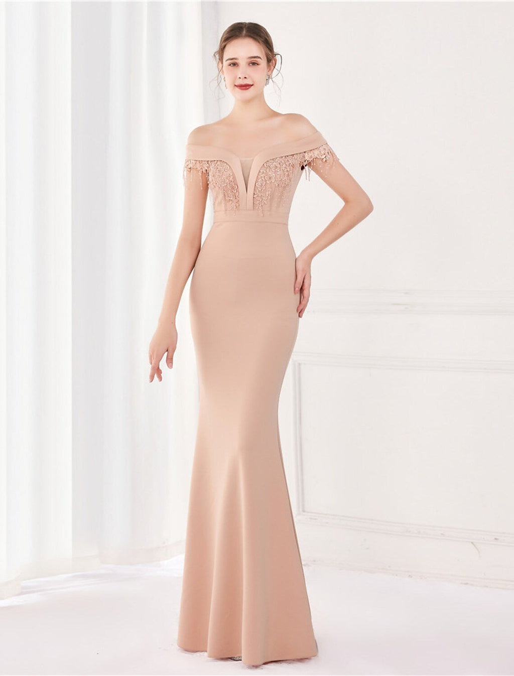 Sexy Wedding Formal Evening Dress Off Shoulder V Back Short Sleeve Floor Length with Tassel
