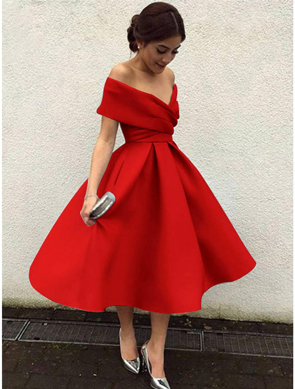 Cocktail Dresses Vintage Dress Short Sleeve V Neck Fabric V Back with Pleats