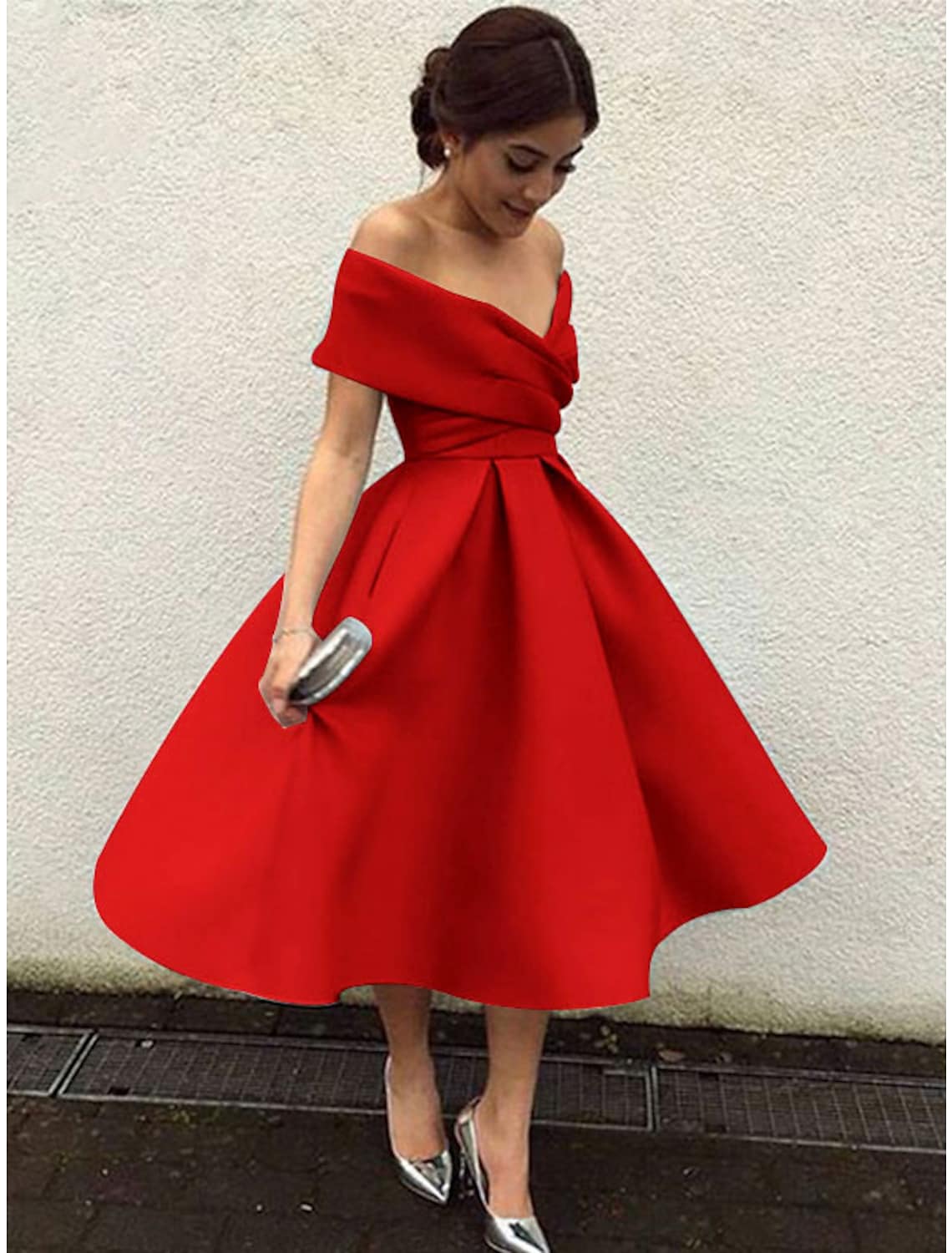 Cocktail Dresses Vintage Dress Short Sleeve V Neck Fabric V Back with Pleats