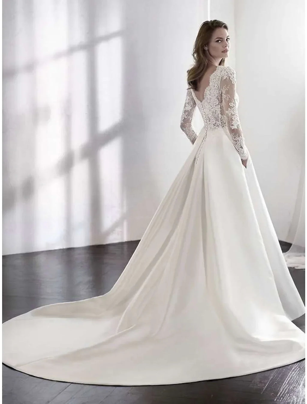 Beach Formal Wedding Dresses Chapel Train A-Line Long Sleeve With Pleats