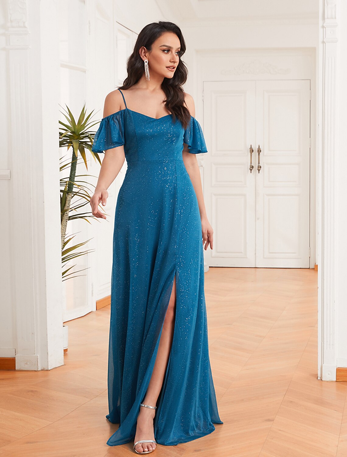 Off Shoulder A-Line Side Split Sparkle Bridesmaid Dress Adjustable Strap Ruffle Plus Size Evening Dress