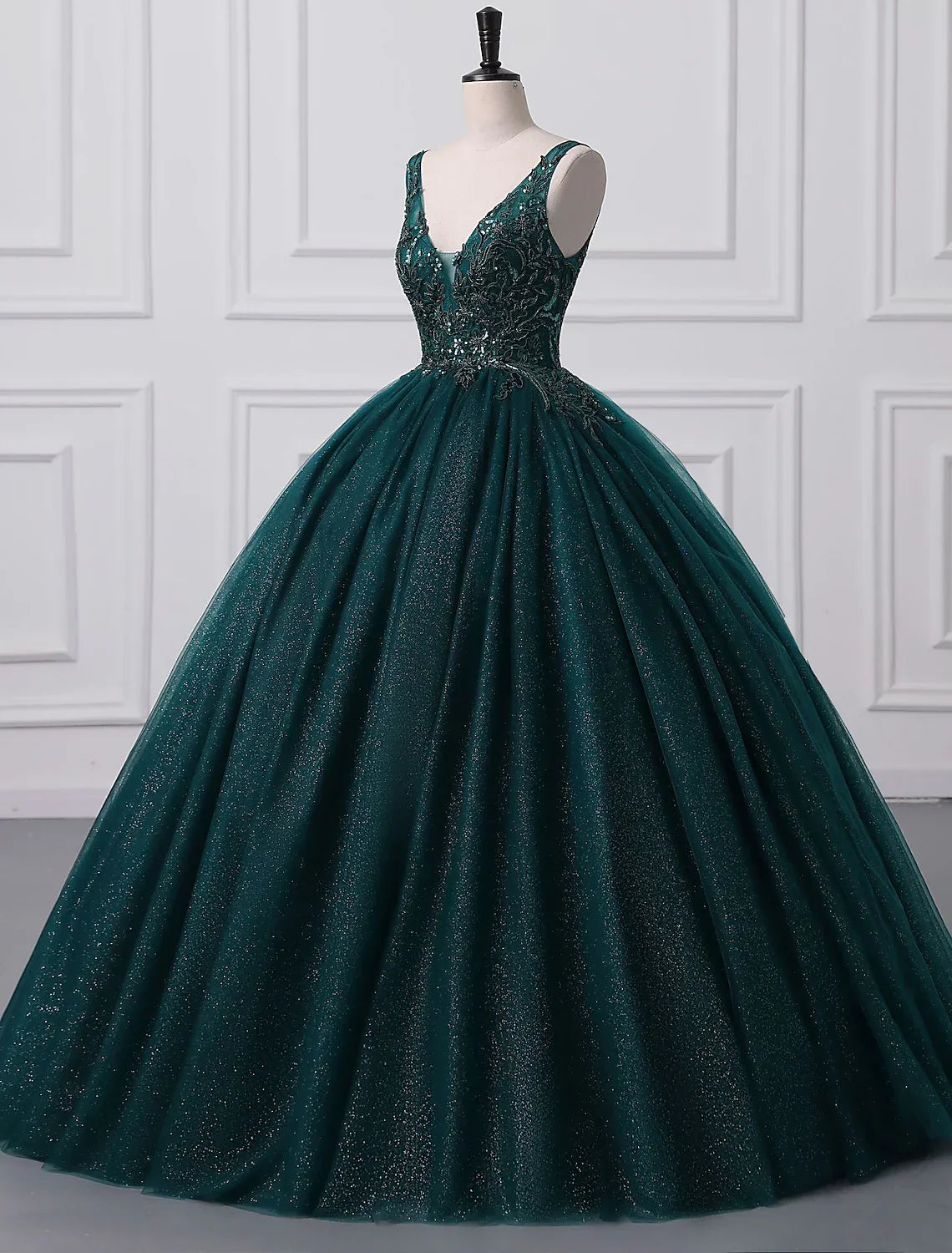 Sparkle Shine Dress Quinceanera Floor Length Sleeveless V Neck with Appliques