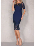 Sheath / Column Mother of the Bride Dress Wedding Guest Elegant Petite Scoop Neck Knee Length Short Sleeve