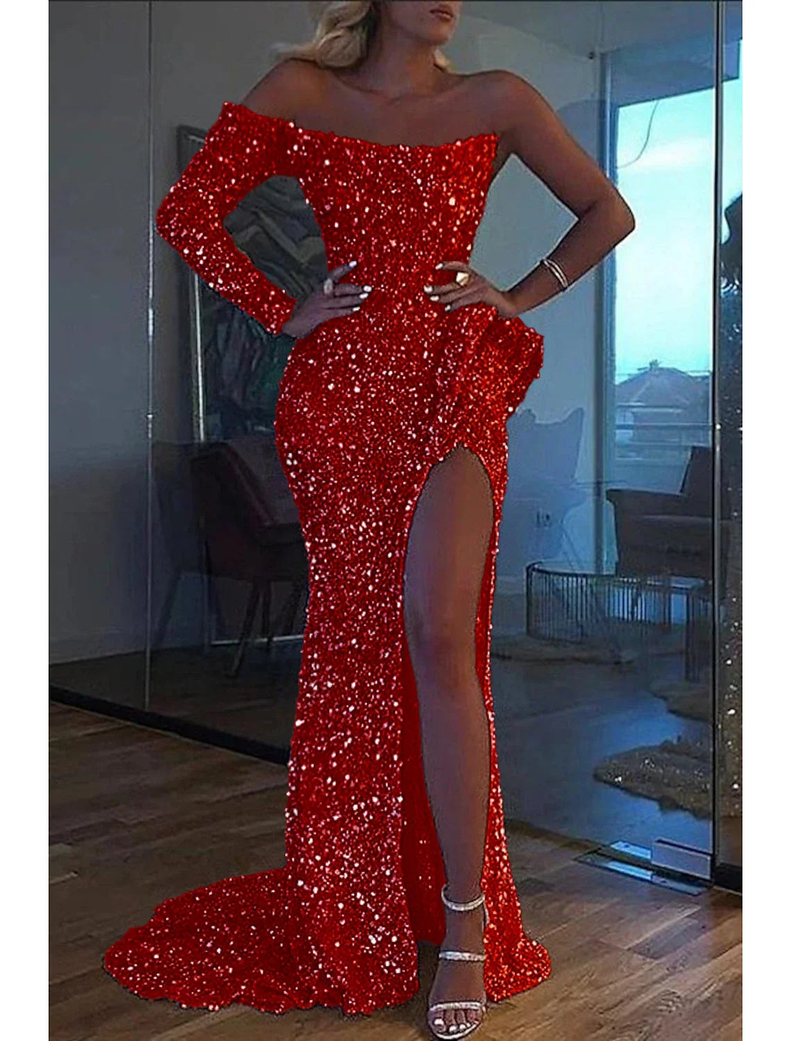Green Mermaid Dress Evening Gown Christmas Red Dress Formal Wedding Court Train Long Sleeve One Shoulder with Slit