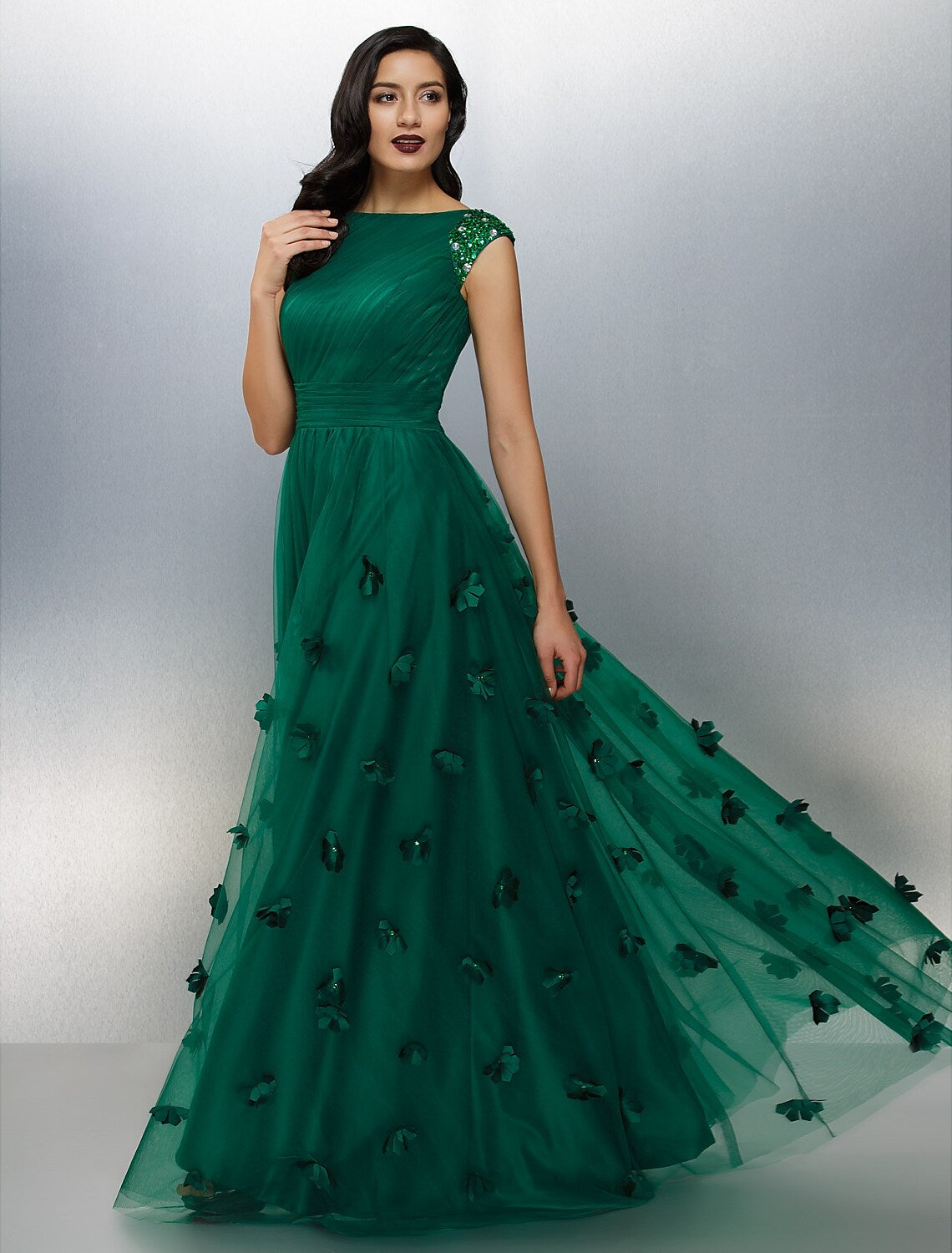 Floral Dress Wedding Guest Floor Length Short Sleeve Boat Neck with Crystals Appliques