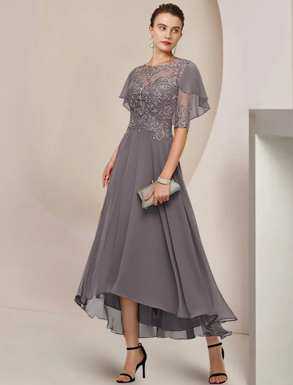 Mother of the Bride Dress Formal Fall Wedding Guest Elegant Scoop Neck Asymmetrical Tea Length Half Sleeve with Beading Appliques