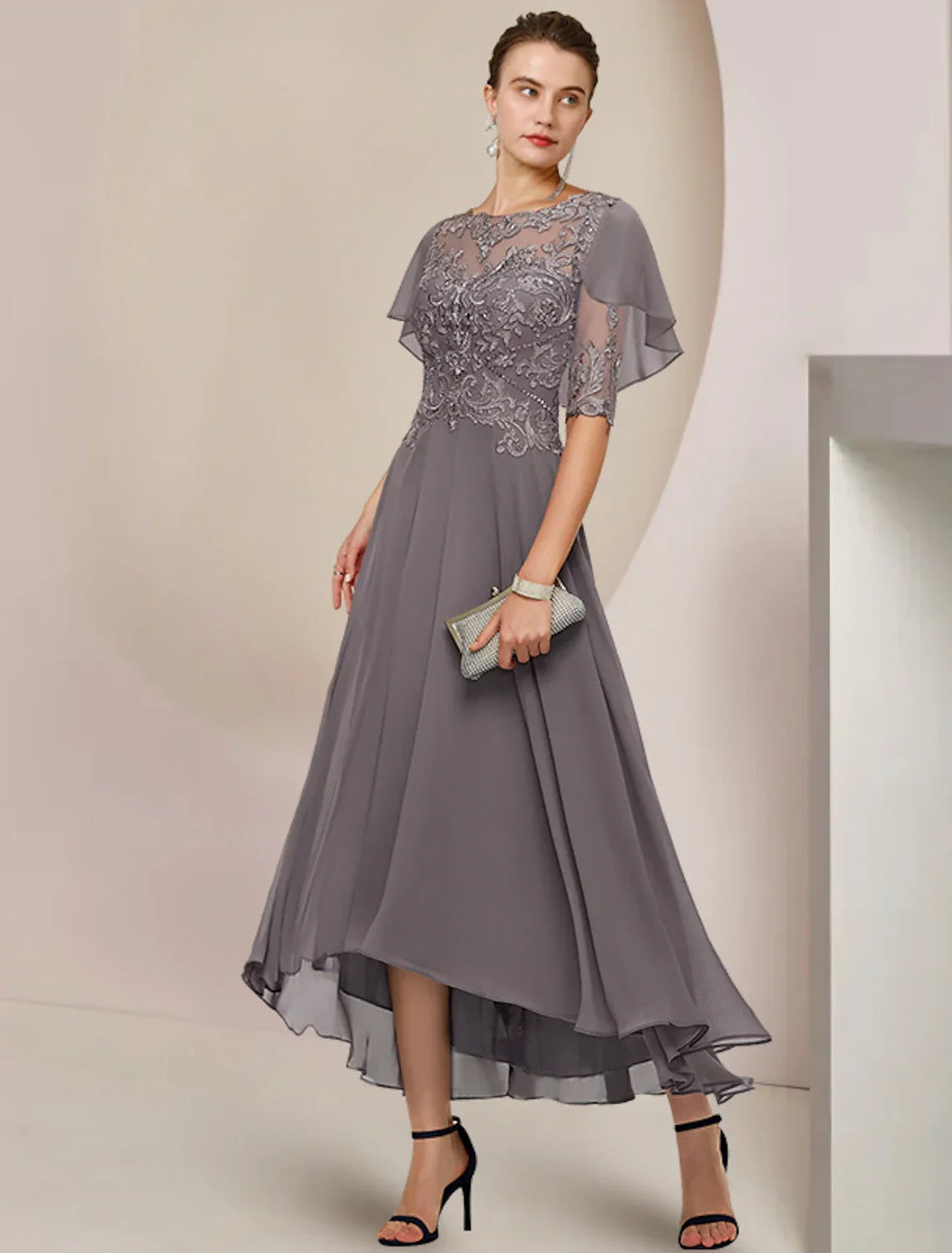 Mother of the Bride Dress Formal Fall Wedding Guest Elegant Scoop Neck Asymmetrical Tea Length Half Sleeve with Beading Appliques