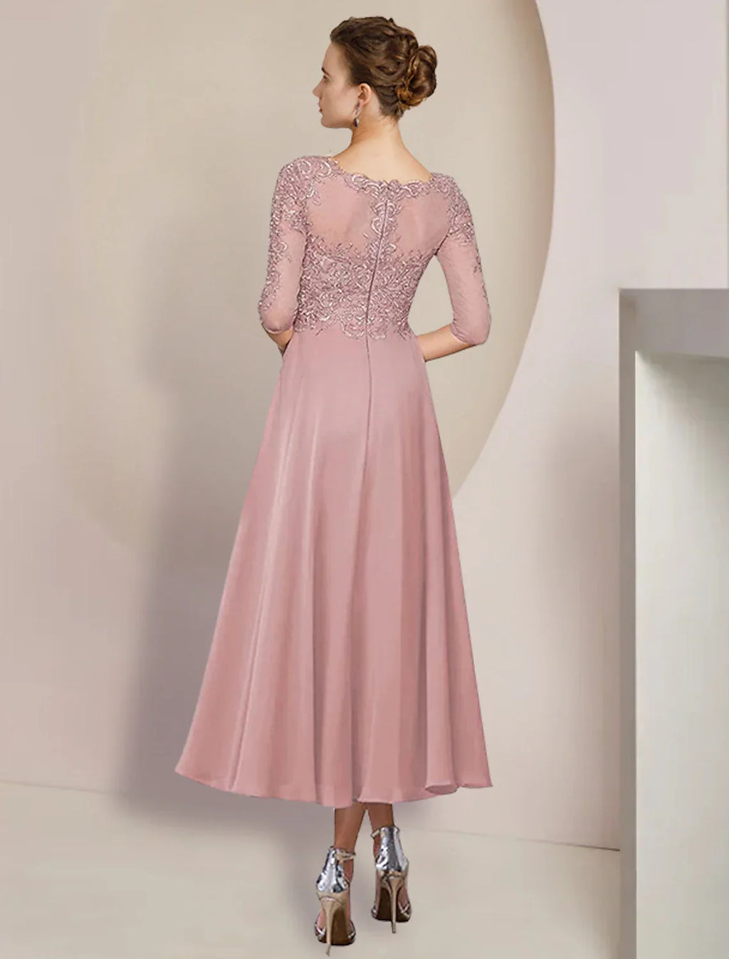 Two Piece A-Line Mother of the Bride Dress Formal Wedding Guest Elegant V Neck Tea Length 3/4 Length Sleeve Wrap Included with Appliques