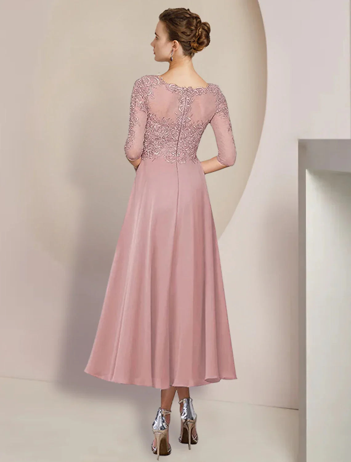 Two Piece A-Line Mother of the Bride Dress Formal Wedding Guest Elegant V Neck Tea Length 3/4 Length Sleeve Wrap Included with Appliques