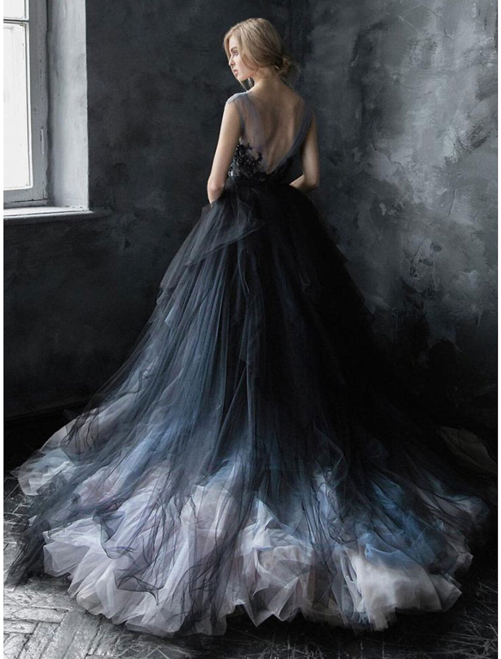 Black Ball Gown Wedding Dress Gothic Quinceanera Dresses Color Block Dress Sweep / Brush Train Sleeveless V Neck V Back with Pleats Appliques