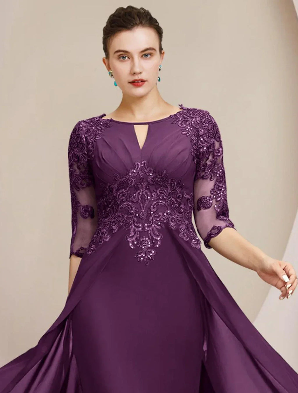 Sheath / Column Mother of the Bride Dress Formal Wedding Guest Elegant Scoop Neck Floor Length Half Sleeve with Appliques