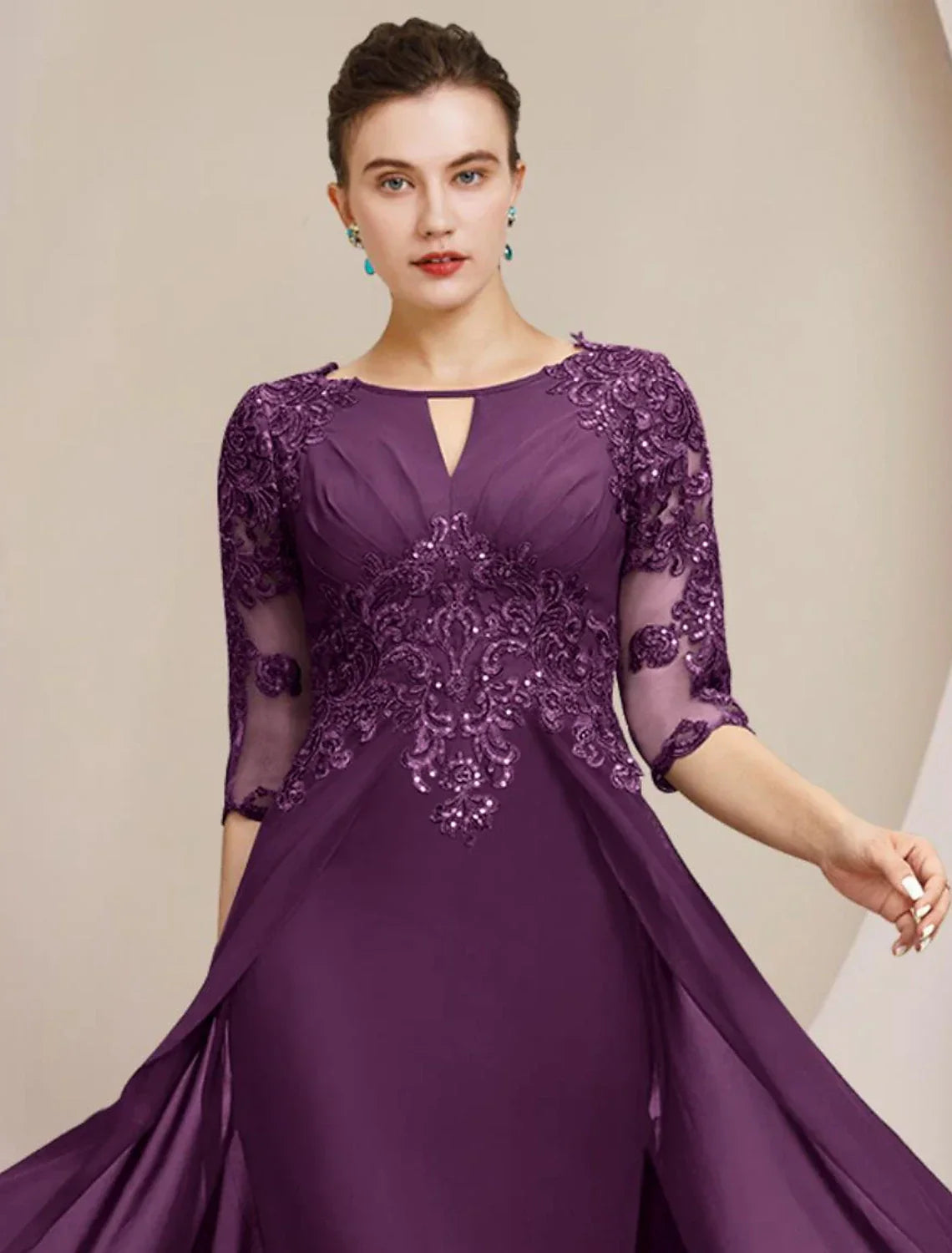 Sheath / Column Mother of the Bride Dress Formal Wedding Guest Elegant Scoop Neck Floor Length Half Sleeve with Appliques