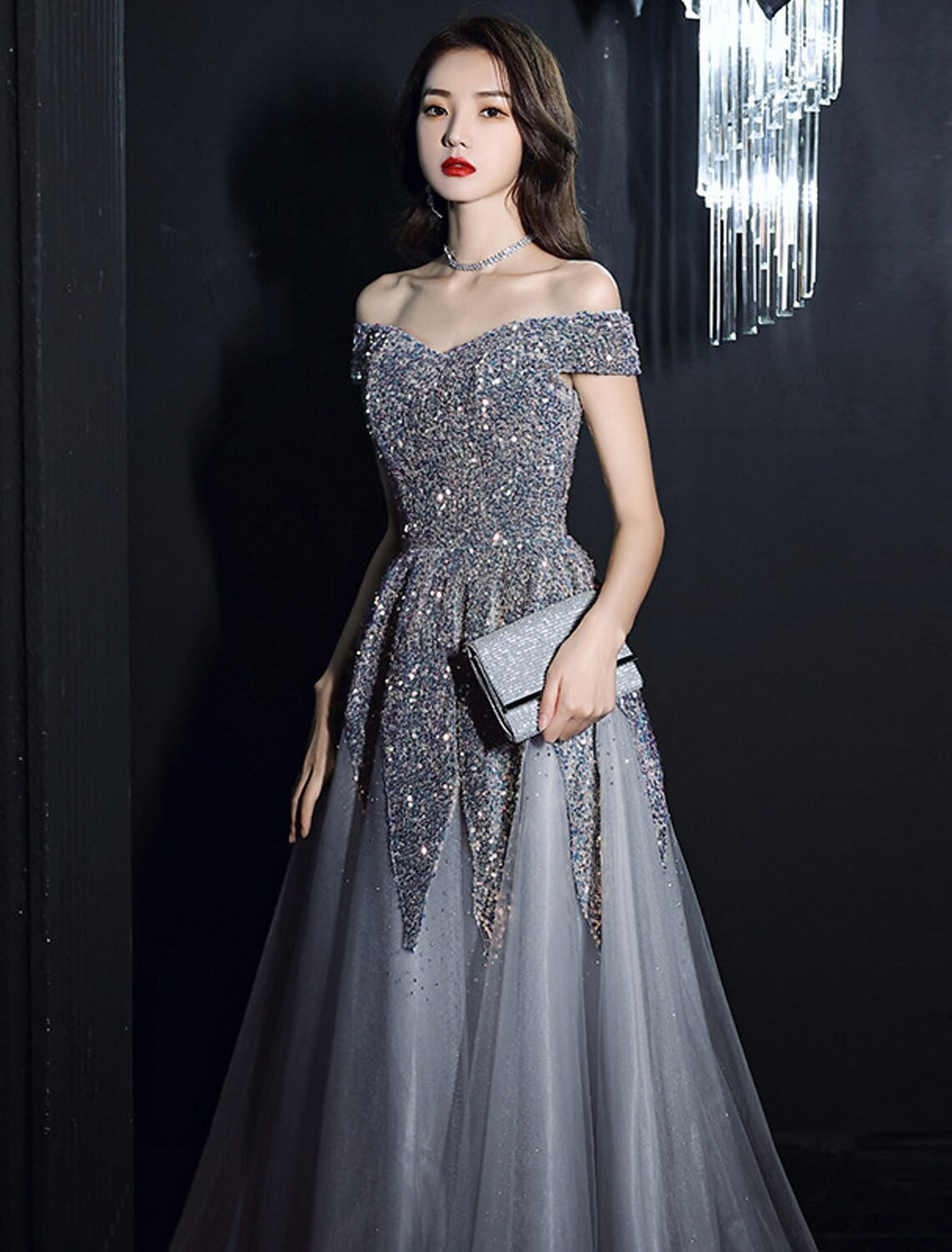 Sparkle & Shine Dress Formal Wedding Guest Floor Length Short Sleeve Off Shoulder