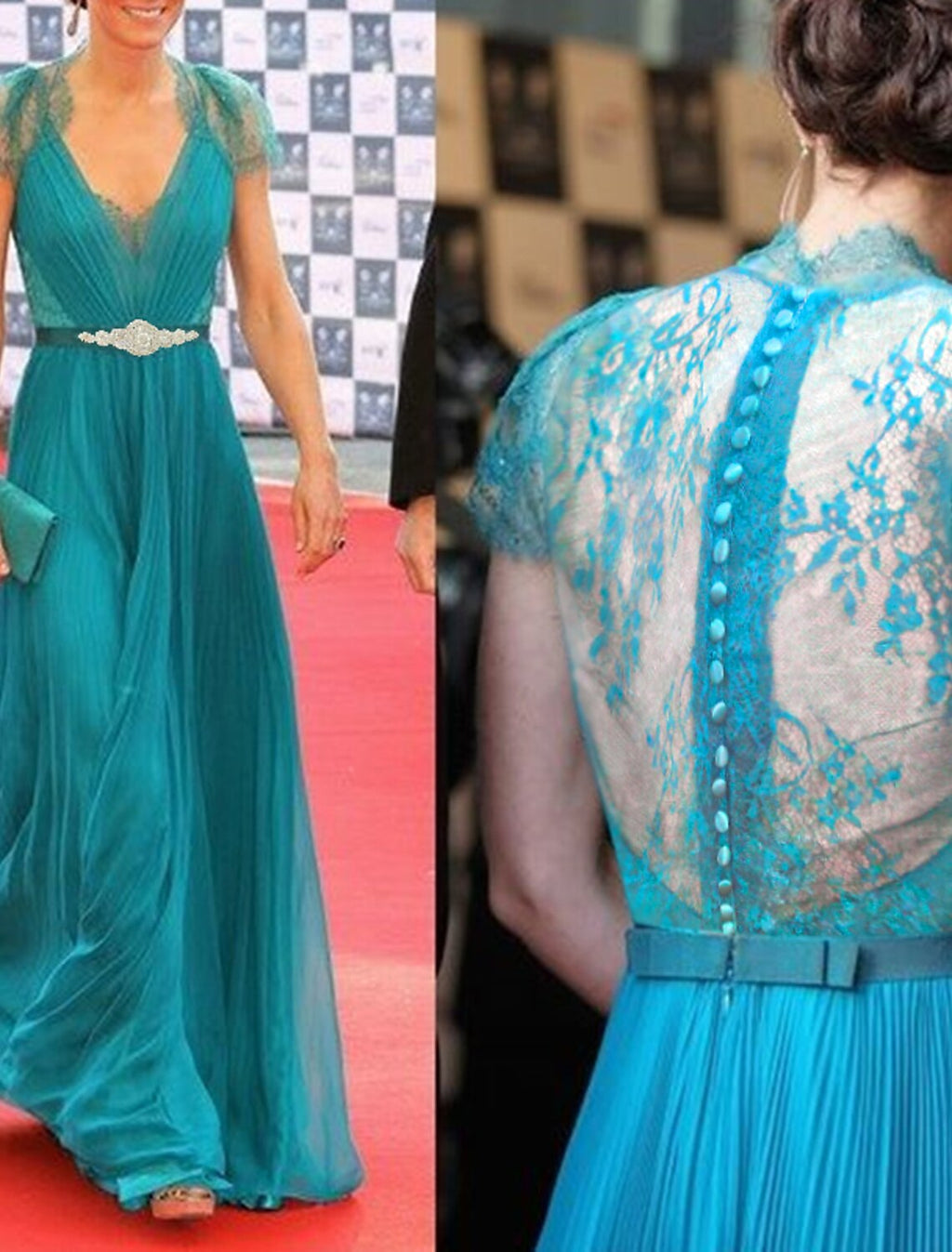 Evening Gown Celebrity Style Dress Formal Wedding Guest Floor Length Short Sleeve V Neck with Pleats