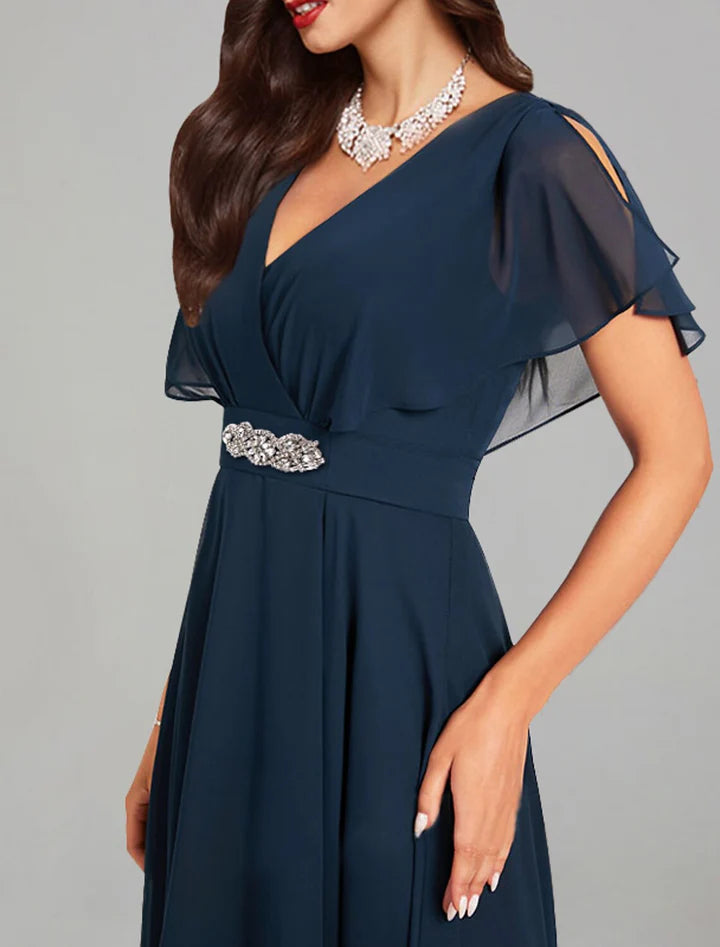 Navy Blue V-Neck Flutter-Sleeve Chiffon High-Low Prom Dress