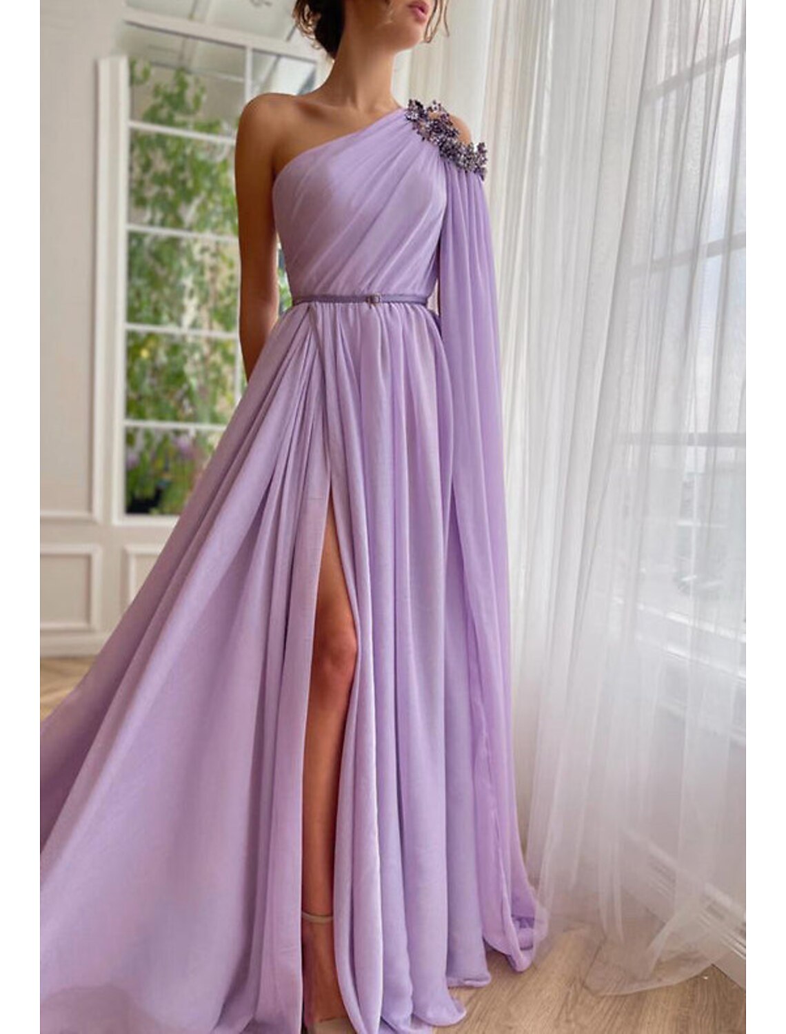 Evening Gown Elegant Dress Formal Wedding Guest Sweep / Brush Train Sleeveless One Shoulder Capes with Slit Shawl