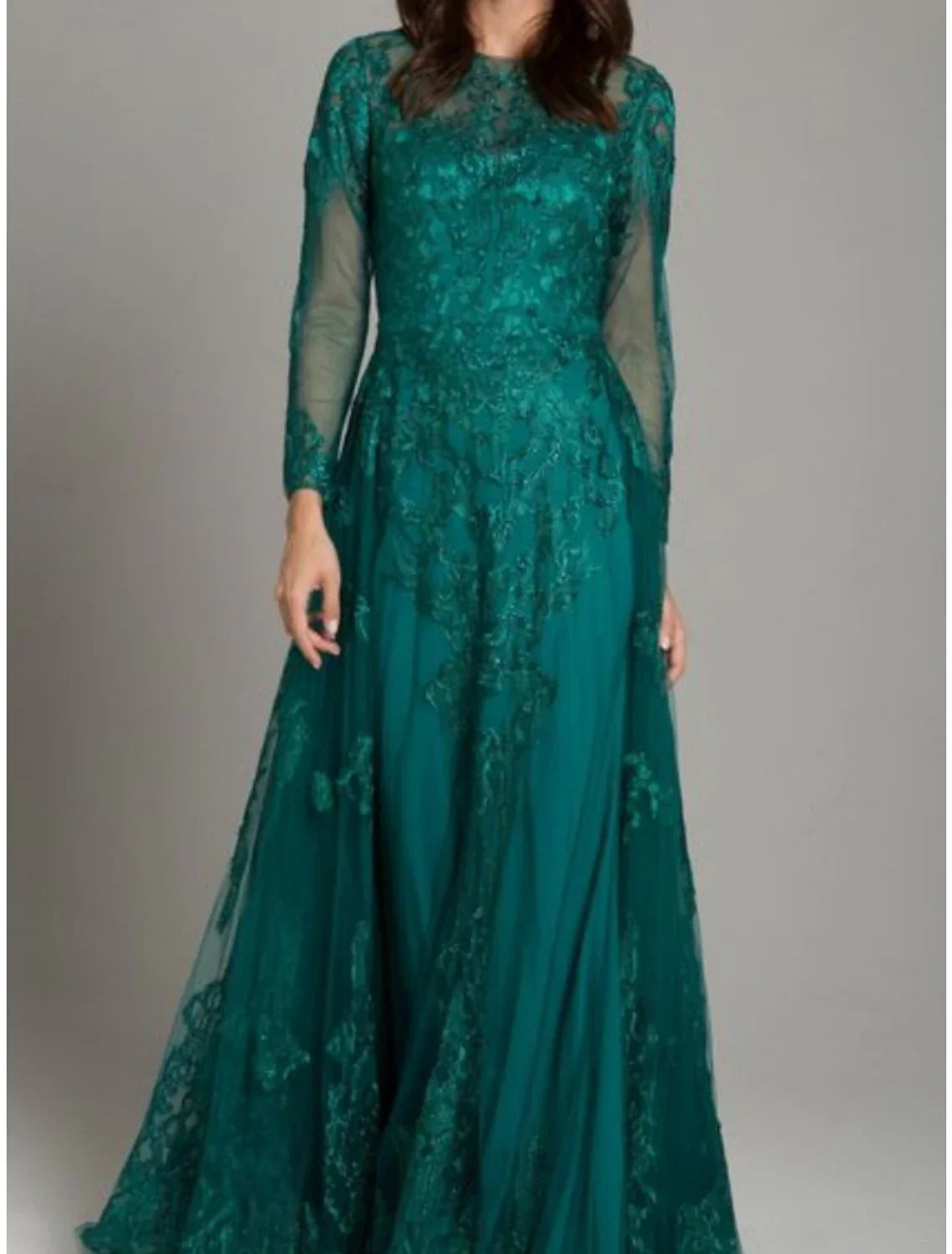 Mother of the Bride Dress Wedding Guest Elegant Jewel Neck Floor Length Long Sleeve with Ruching Solid Color